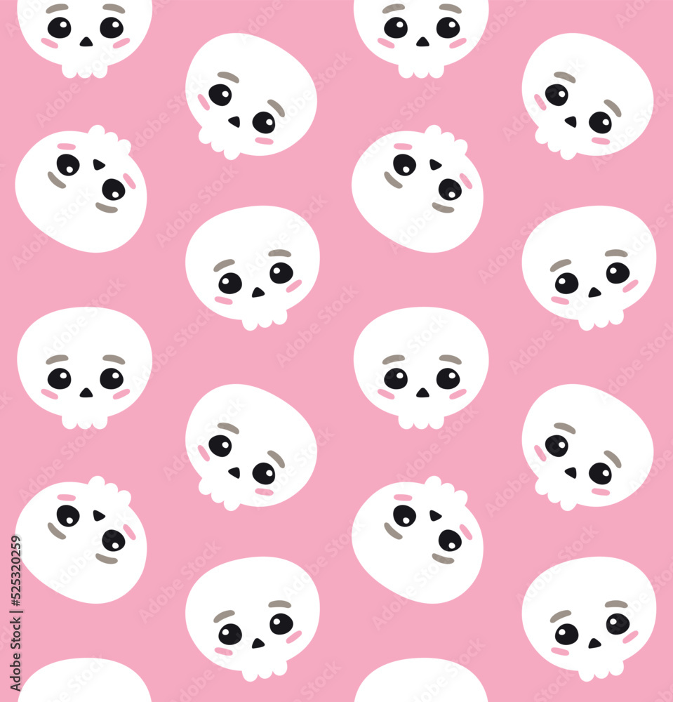 Fototapeta premium Vector seamless pattern of hand drawn flat kawaii skull isolated on pink background
