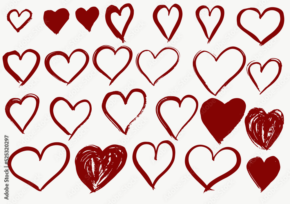 Hand drawn hearts set. Love symbol with brush painting, isolated, vector.