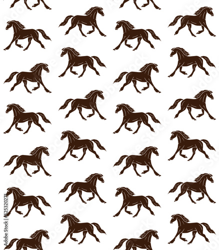 Vector seamless pattern of hand drawn doodle sketch brown friesian horse isolated on white background