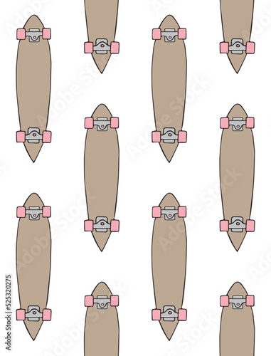 Vector seamless pattern of hand drawn doodle sketch colored longboard skateboard isolated on white background