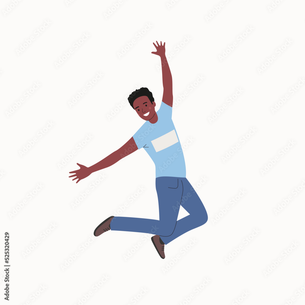 Young man with dark skin jumped up. Flat style cartoon vector illustration.