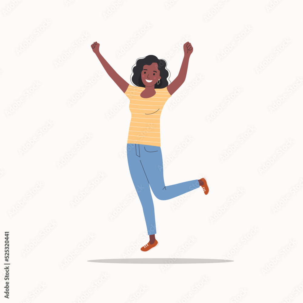 Young woman with dark skin jumped up. Flat style cartoon vector illustration. Young woman with dark skin jumped up. Flat style cartoon vector illustration.
