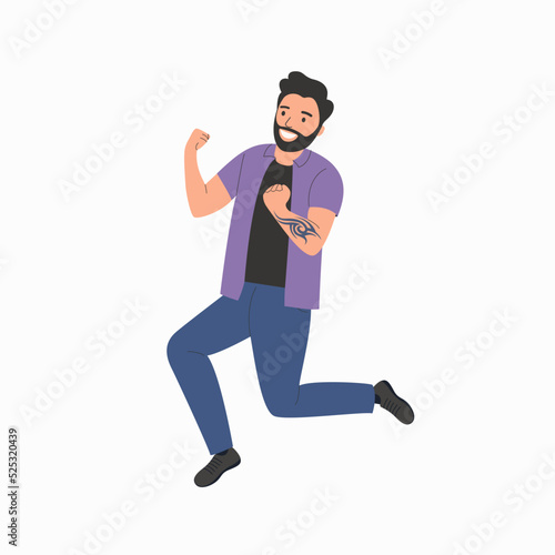 Young man with tattoo jumped up. Flat style cartoon vector illustration. © lyudinka