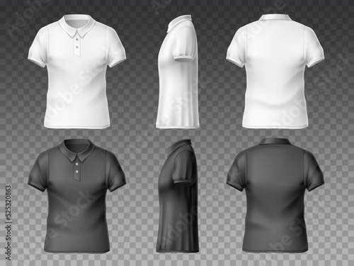 Realistic t-shirt front back and side. Different view angles empty print white and black polo mockup, sport and casual textile clothing template, collar and short sleeves, utter vector set