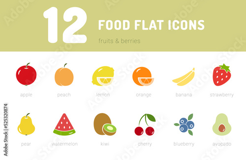 Food flat icons set, fruits and berries, healthy food, colorful. Vector illustration