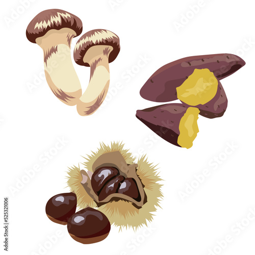 秋の味覚3種イラスト・素材セット　松茸・焼き芋・栗