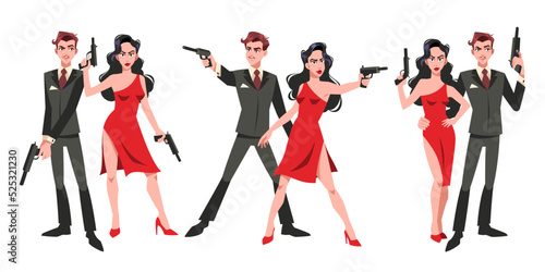 Secret super agents couple. Cartoon man and women spy characters with weapons, different poses, red dress and formal suit, gentleman and lady criminal persons with guns. Tidy vector set