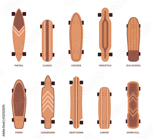 Skate board types. Different wooden longboards shapes, isolated icons, cruiser, penny and old school. Front view classic and carver, skating lifestyle, nowaday vector sport equipment set