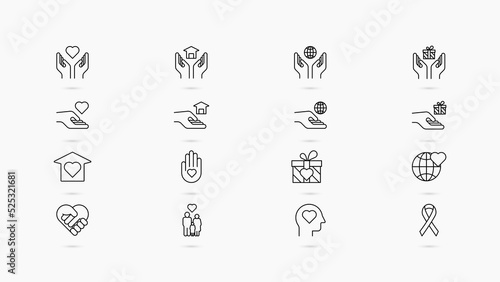 Set of donation and charity line icons. Love, gift box, help, and friendship vector icons
