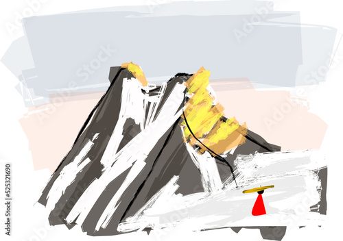winter mountain landscape with snow and traveler