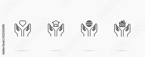 Help and charity line icon set. Hands hold heart, house, planet, and gift box vector
