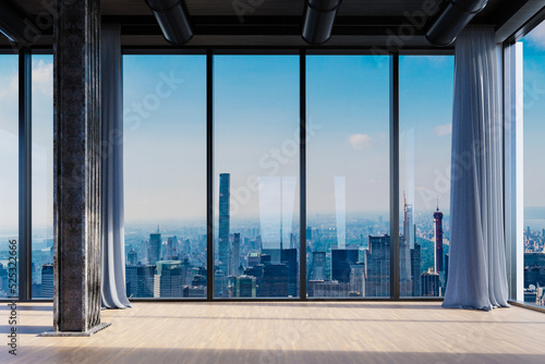 front view modern empty office with panoramic downtown skyline view and large windows at bright daylight - 3D Illustration