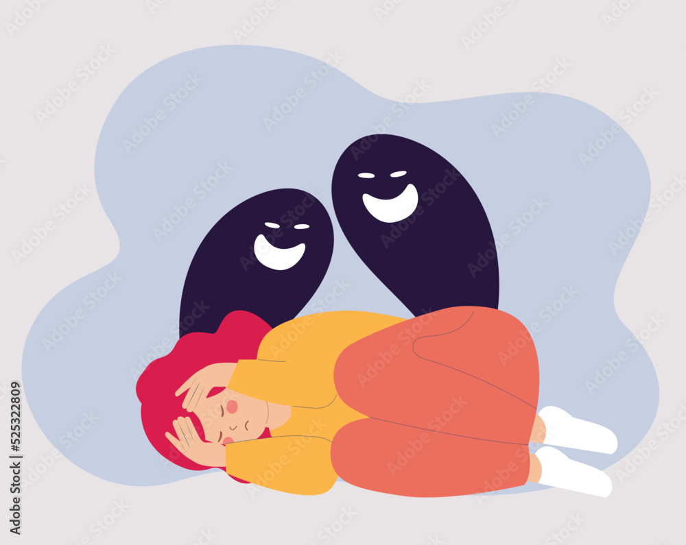 Obraz premium Scared woman lying on the ground with Schizophrenia. Schizophrenic teenage girl looks scared and terrified. Female has anxiety, fear and panic. Concept of Split Personality, phobias and mental health.