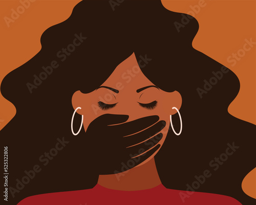 African-American woman gets harassed by people needs help. Victim of sexual harassement surrounded by a hand. Black female strangled by a bully. Stop bullying, violence and abuse against women.  photo