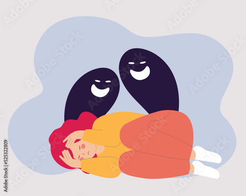 Scared woman lying on the ground with Schizophrenia. Schizophrenic teenage girl looks scared and terrified. Female has anxiety, fear and panic. Concept of Split Personality, phobias and mental health.