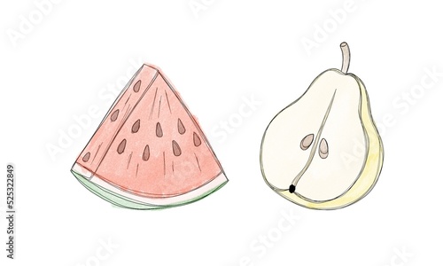 Delicious, juicy pear and juicy ripe watermelon slice - watercolor drawing of...