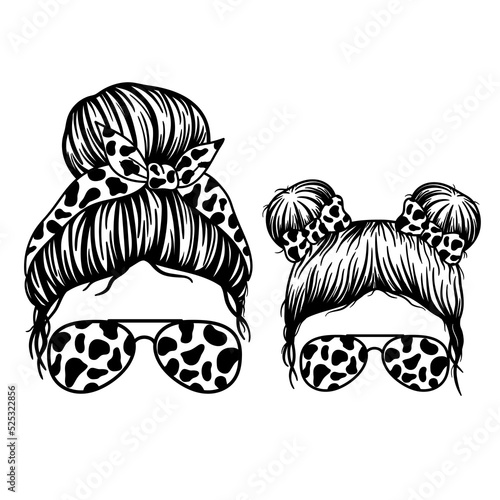 Mom and Kid Life. Woman face and girl face with aviator glasses, bandana and cow print. Messy Bun Mom Lifestyle. Messy Bun Girl Lifestyle. Vector illustration.