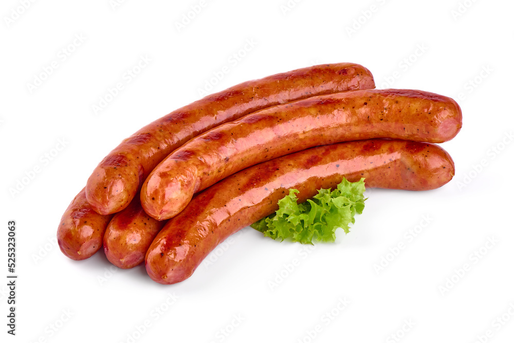 Roasted sausages, barbecued sausages, isolated on white background. Roasted sausages, barbecued sausages, isolated on white background.