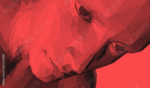 Man's face looking down. Abstract digital human head. Minimalistic design for business presentations, flyers or posters. Pixel art. 3d vector illustration.
