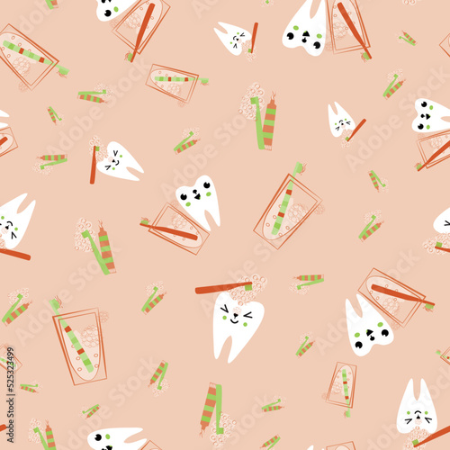 Kawaii tooth kids dental care vector educational seamless pattern background. Cute cartoon characters with toothbrush, tooth paste, brushing teeth. Fun children oral health pink white repeat.