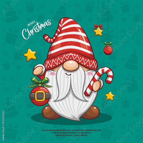 Cute Christmas Gnome With Christmas Ball And Candy Cane On Seamless Background. Cute Cartoon Illustration
