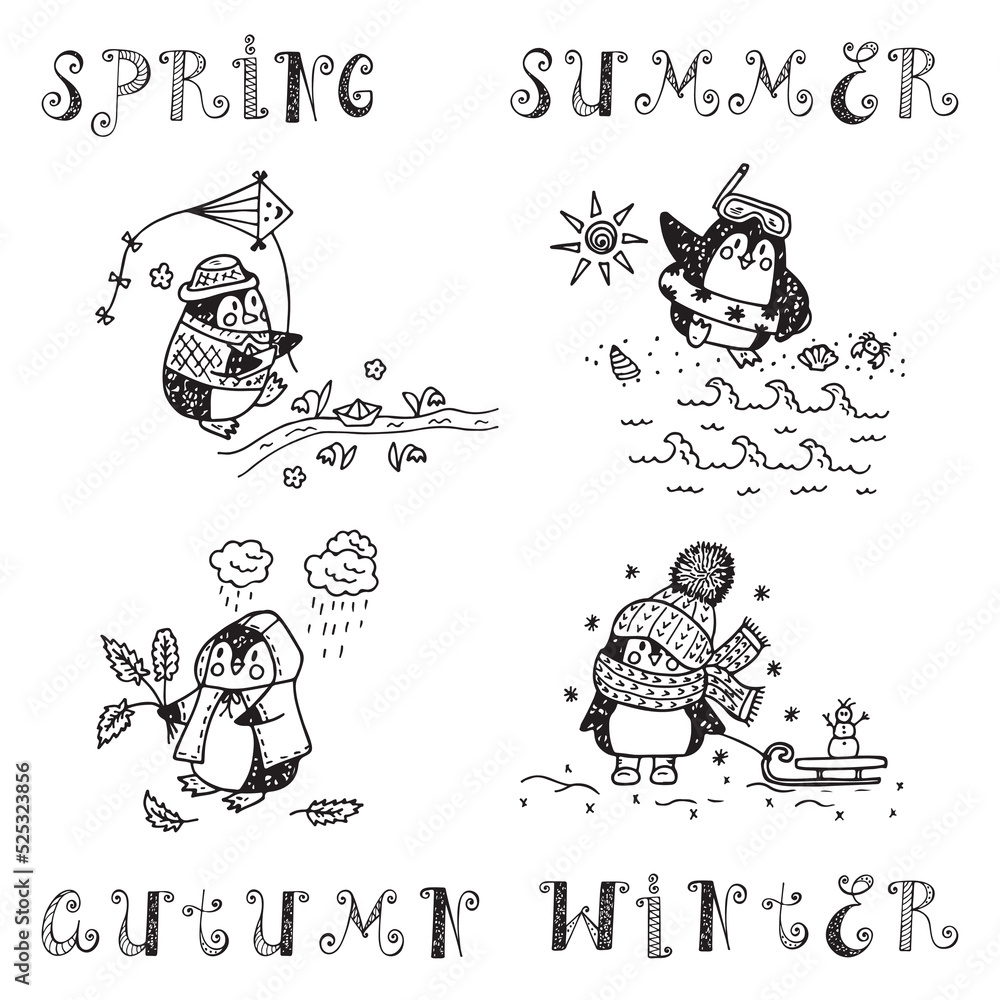 Hand drawn doodle Cute penguins. Birds set. Seasons set. Four seasons