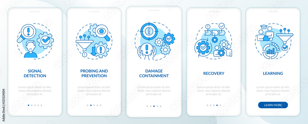 Model for crisis management blue onboarding mobile app screen. Walkthrough 5 steps editable graphic instructions with linear concepts. UI, UX, GUI template. Myriad Pro-Bold, Regular fonts used