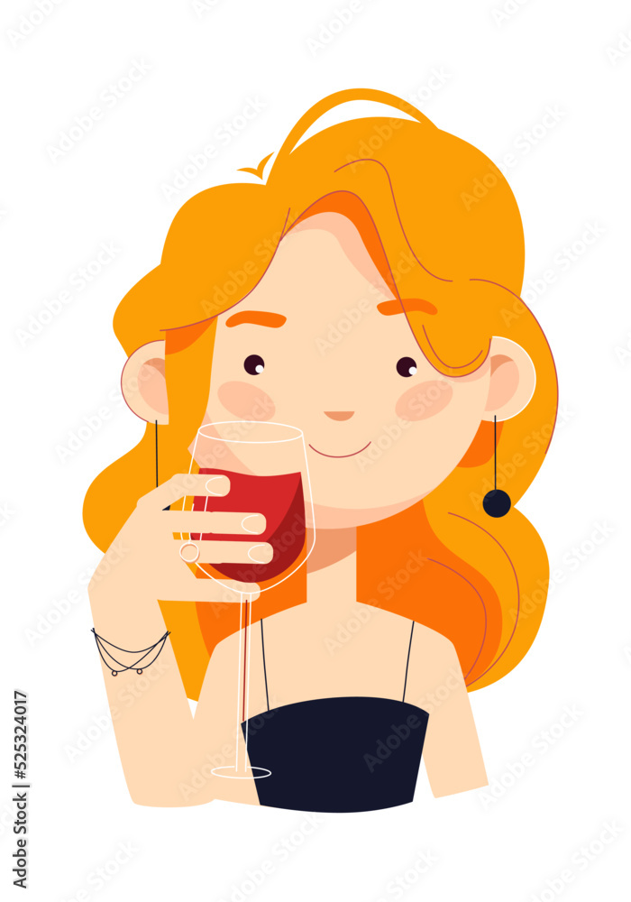 Pretty red-haired girl with a glass of red wine. Party. Vector illustration in flat cartoon style isolated on white background. Pretty red-haired girl with a glass of red wine. Party. Vector illustration in flat cartoon style isolated on white background.