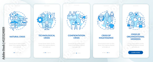 Types of crisis blue onboarding mobile app screen. Business risks walkthrough 5 steps editable graphic instructions with linear concepts. UI, UX, GUI template. Myriad Pro-Bold, Regular fonts used