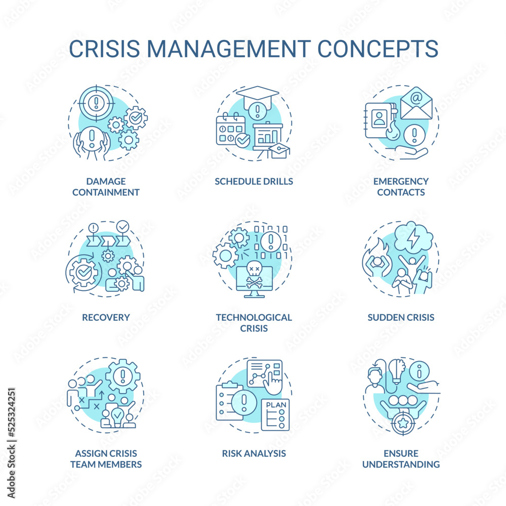 Crisis management turquoise concept icons set. Preventive measures. Risk control idea thin line color illustrations. Isolated symbols. Editable stroke. Roboto-Medium, Myriad Pro-Bold fonts used