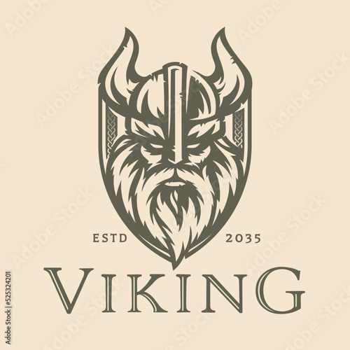 Norse viking logo design. Nordic warrior shield symbol. Horned Norseman emblem. Odin horn helmet and beard. Brand identity vector illustration.