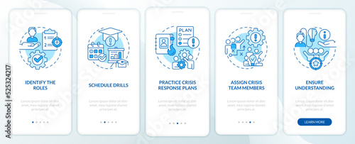Crisis management team blue onboarding mobile app screen. Walkthrough 5 steps editable graphic instructions with linear concepts. UI, UX, GUI template. Myriad Pro-Bold, Regular fonts used
