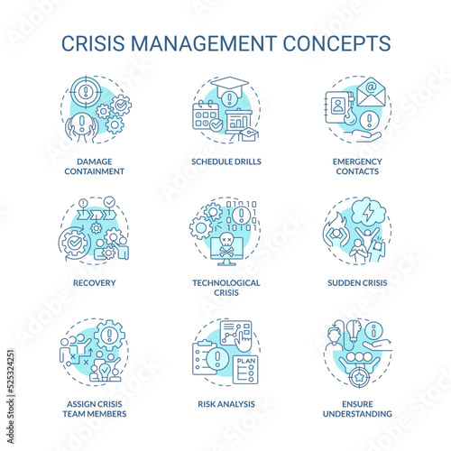 Crisis management turquoise concept icons set. Preventive measures. Risk control idea thin line color illustrations. Isolated symbols. Editable stroke. Roboto-Medium, Myriad Pro-Bold fonts used