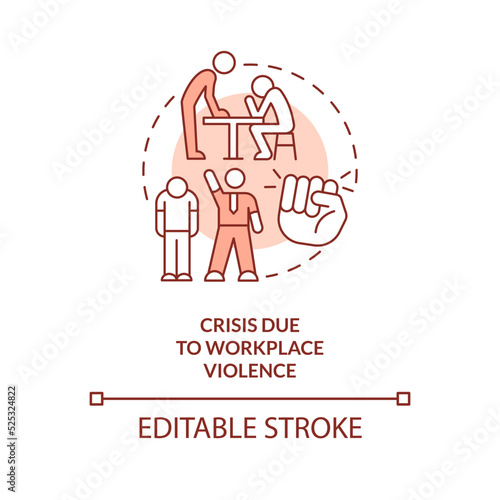 Crisis due to workplace violence red concept icon. Type of crisis abstract idea thin line illustration. Isolated outline drawing. Editable stroke. Arial, Myriad Pro-Bold fonts used