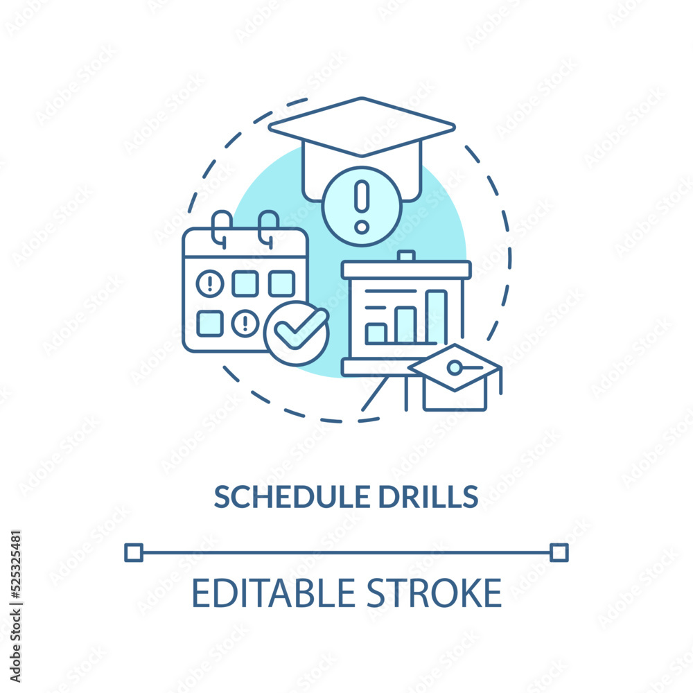 Schedule drills turquoise concept icon. Education sessions. Crisis management team abstract idea thin line illustration. Isolated outline drawing. Editable stroke. Arial, Myriad Pro-Bold fonts used