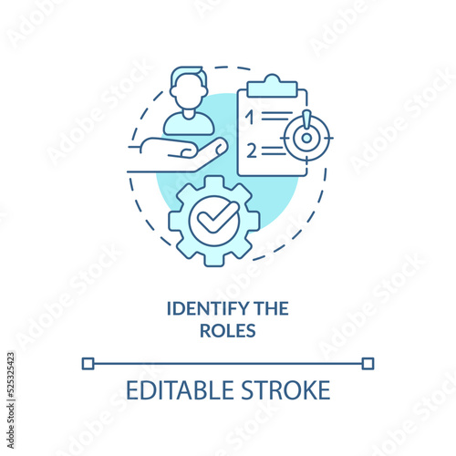 Identify roles turquoise concept icon. Work responsibilities. Crisis management team abstract idea thin line illustration. Isolated outline drawing. Editable stroke. Arial, Myriad Pro-Bold fonts used