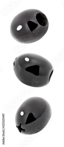 Fotografi Olive pitted collection, black pickled olives  falling, hanging, flying, soaring, isolated on white background with clipping path, close up
