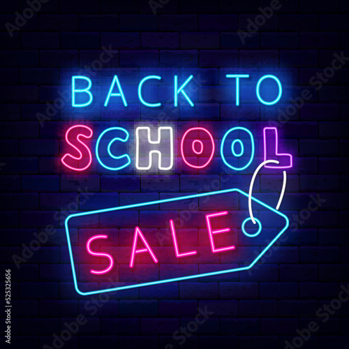 Back to school sale neon signboard. Shiny blue and pink alphabet. Vector stock illustration