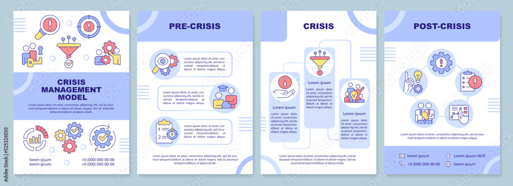 Crisis communication purple brochure template. Leaflet design with linear icons. Editable 4 vector layouts for presentation, annual reports. Arial-Black, Myriad Pro-Regular fonts used