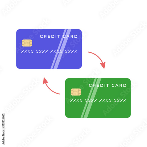 Сredit card replacement vector illustration. Credit card with arrows, exchange flat design isolated on white. Bank image blue and green color