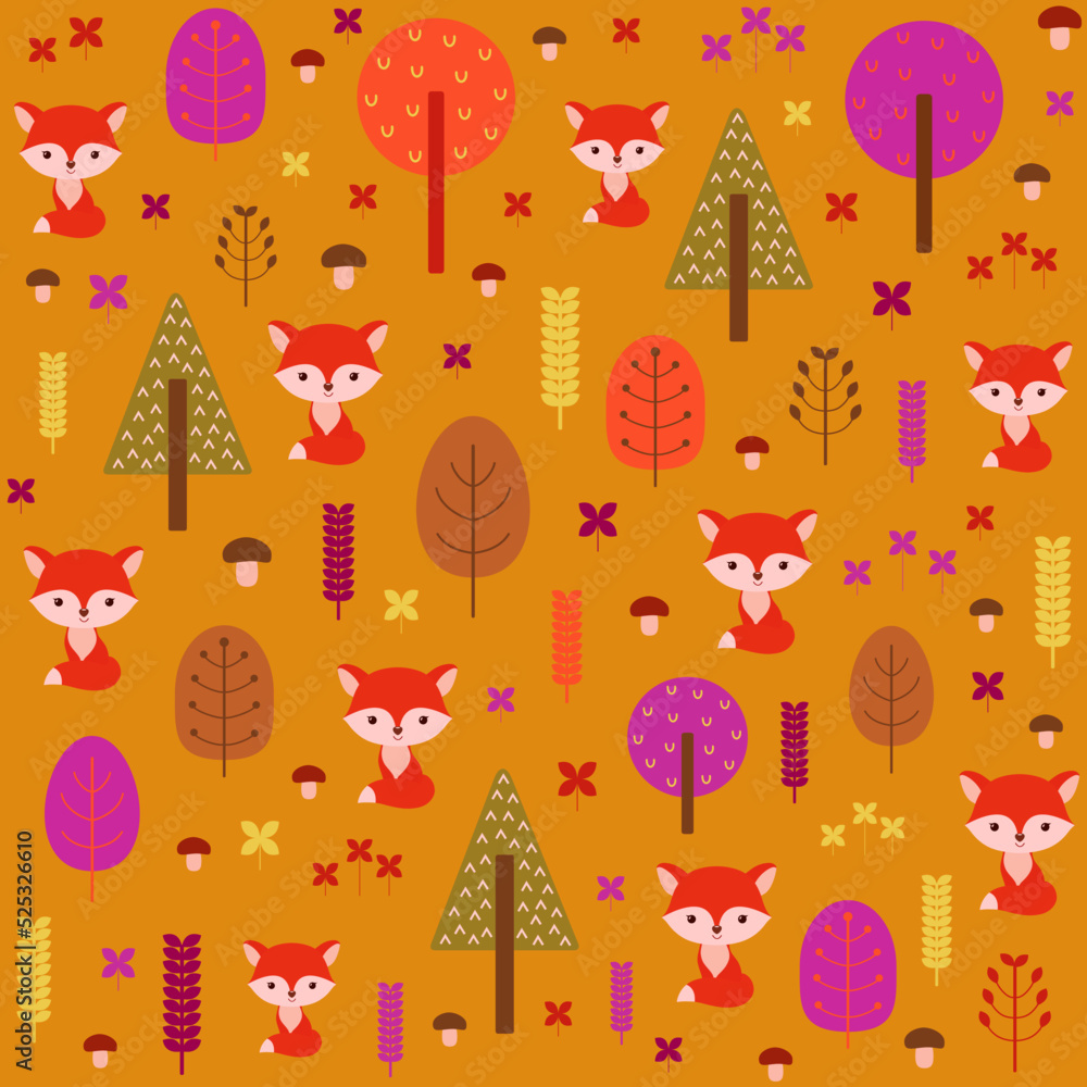 Cute fancy fall seamless pattern with little fox in the woodland. Thanksgiving repeat design vector illustration. Fun woodland animal and autumn trees. Cute fancy fall seamless pattern with little fox in the woodland. Thanksgiving repeat design vector illustration. Fun woodland animal and autumn trees.