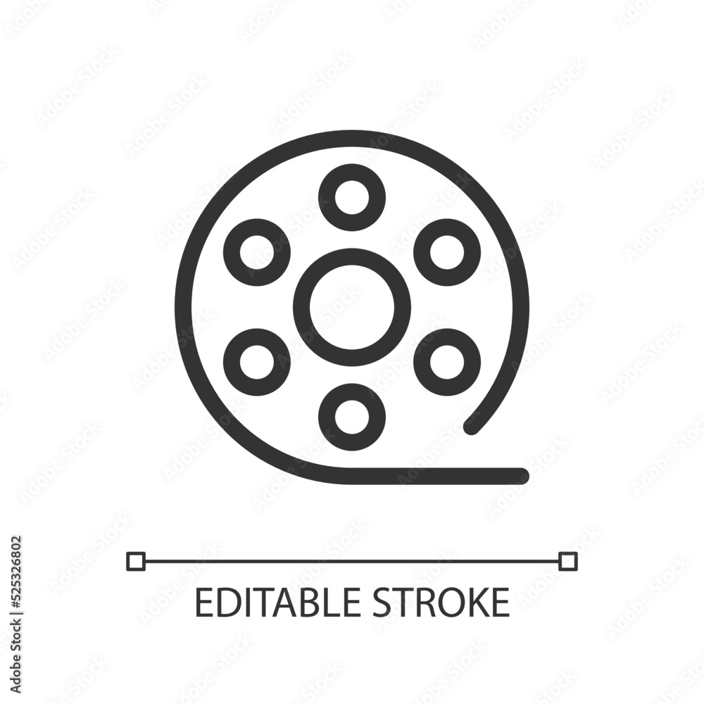 Film reel pixel perfect linear ui icon. Motion pictures. Recorded strip. Online marketplace. GUI, UX design. Outline isolated user interface element for app and web. Editable stroke. Arial font used