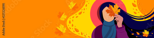 Autumn vector banner for website header. Girl with a yellow leaf in her hands, illustration. Banner in warm colors with empty space for your text