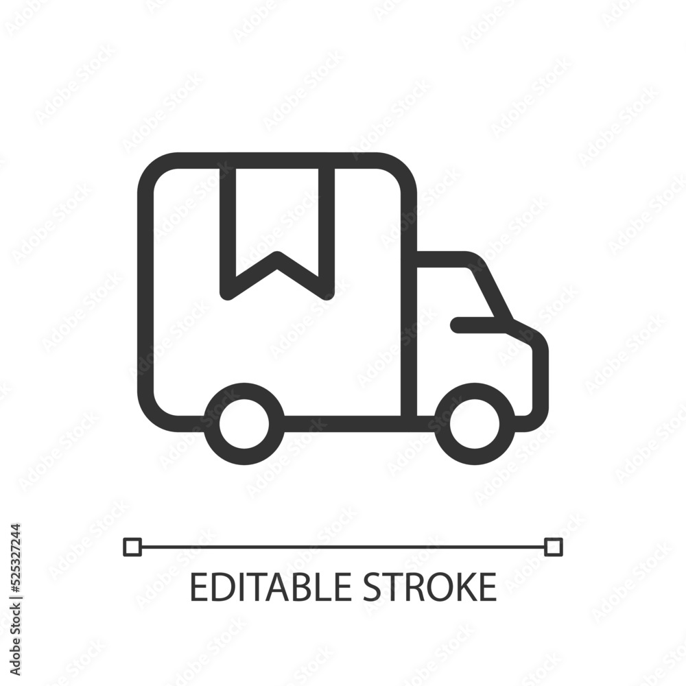 Delivery truck pixel perfect linear ui icon. Transporting goods and products. E commerce. GUI, UX design. Outline isolated user interface element for app and web. Editable stroke. Arial font used Delivery truck pixel perfect linear ui icon. Transporting goods and products. E commerce. GUI, UX design. Outline isolated user interface element for app and web. Editable stroke. Arial font used
