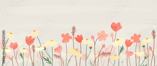 Abstract art background with watercolor texture. Pink flowers and daisies, wildflowers. Botanical banner for wallpaper design, decor, coverings, packaging, interior design