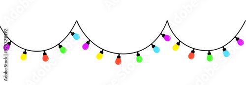 Three colorful string fairy light set. Christmas lights. Lightbulb glowing garland. Cartoon holiday festive xmas decoration. Rainbow color. Cone shape. Flat design. Isolated. White background. photo