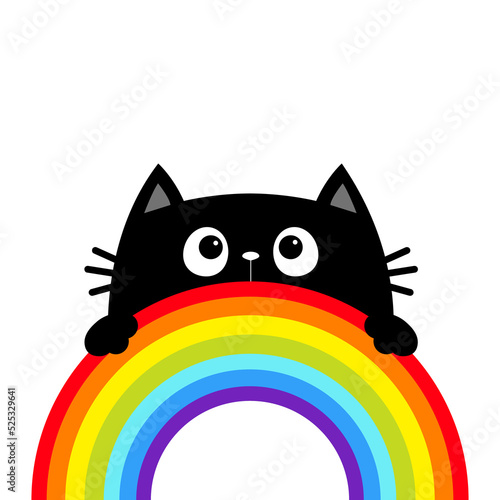 Cat holding rainbow. Black peeking kitten. Cute cartoon character. Valentines Day. Kawaii animal. Love Greeting card. LGBT flag color sign symbol. Sticker print. Flat design. White background.
