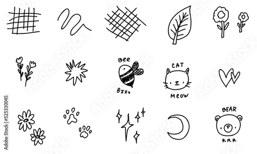 Doodles branch, nature, animals collection isolated line set. Hand drawn cute elements. Sketch for a little tattoo.