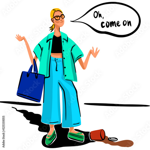 Illustration of a girl who is very upset that her coffee spilled. Bright funny picture.
