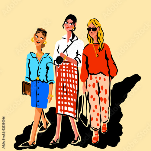 Bright illustration with three walking girls in bright stylish fashionable clothes. Creative print with friends chatting and laughing. Great design to print on T-shirts, hoodies, mugs, cards, etc.